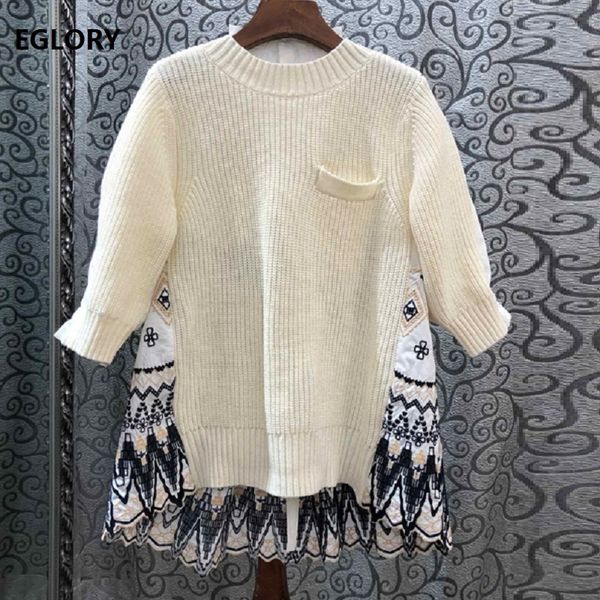 

fashion pullovers 2019 autumn winter sweaters women vintage embroidery patchwork 3/4 sleeve casual knitted sweaters ladies, White;black