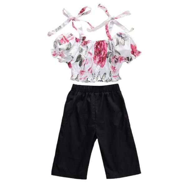 

new summer toddler baby girl folral outfit off shoulder & long pants set, White