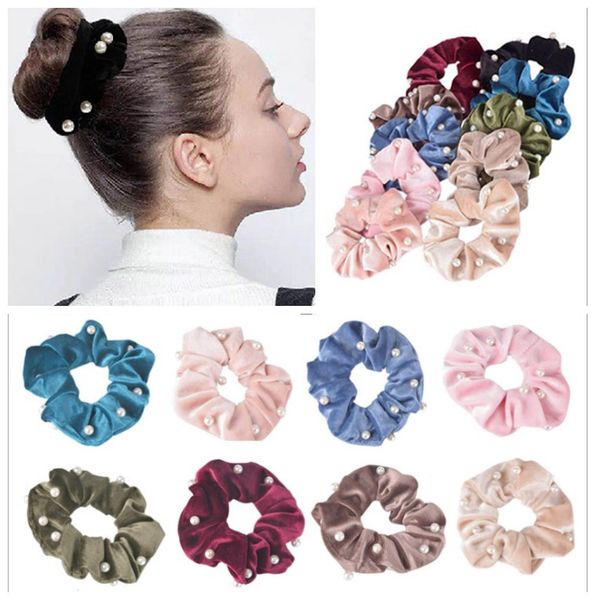 

hair scrunchies with pearl girl teenagers velvet elastic hairbands large intestine hair ropes for women big girls hair circle, Slivery;white