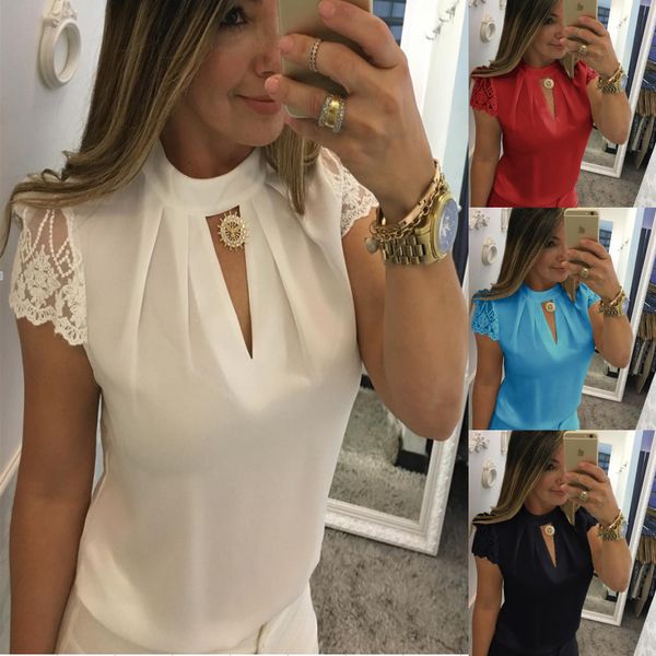 

new fashion women shirt crew neck lace short sleeve blouse womens designer blouses chiffon t thirts v collar shirts s-5xl, White