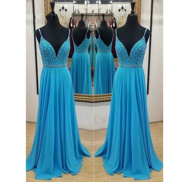 Blaues Chiffon-Abendkleid mit tiefem V-Ausschnitt und tiefem V-Ausschnitt 2019 Günstige Perlen-Strass-Sexy V-Ausschnitt mit offenem Rücken Formelles Kleid Vestidos De Festia