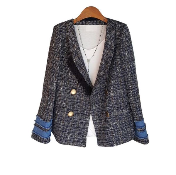

2019 new autumn plaid pearl buttons blazer fashion women notched collar tweed suit jacket cardigan outerwear r1768, White;black