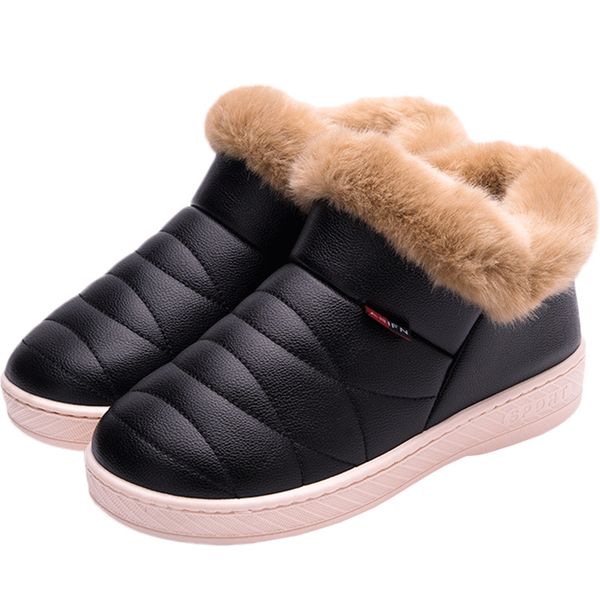 

winter cotton boots pu leather waterproof indoor outdoor lovers home shoes non-slip warm thick soft bottom shoes, Black