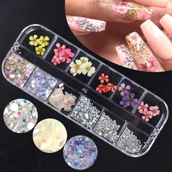 

nail art decorations dry flowers mixed foil sequins rhinestones diy decoration design beauty set, Silver;gold