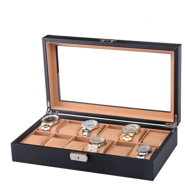 

12 watch display box black carbon fiber design with glass box watch organizer wood pu leather pillow luxury case window, Black;blue