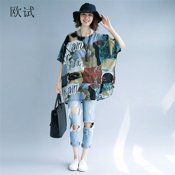 

plus size cotton linen t shirt women vintage abstract art printed t-shirts female casual loose tee shirt 2019 summer fashion, White
