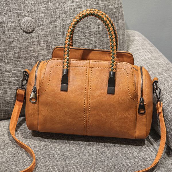 

new retro tote bags for women 2019 boston female leather handbag woven handle crossbody messenger bag women 's shoulder bag
