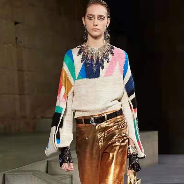 

runway brand designer sweater 2019 pull femme split flare long sleeve geometric patchwork knitted pullover jumper, White;black