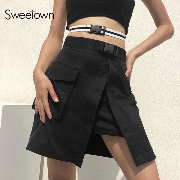 

sweetown autumn summer korean fashion skirts with plastic buckle belt womens streetwear black solid high waist skirt harajuku, Black;gray