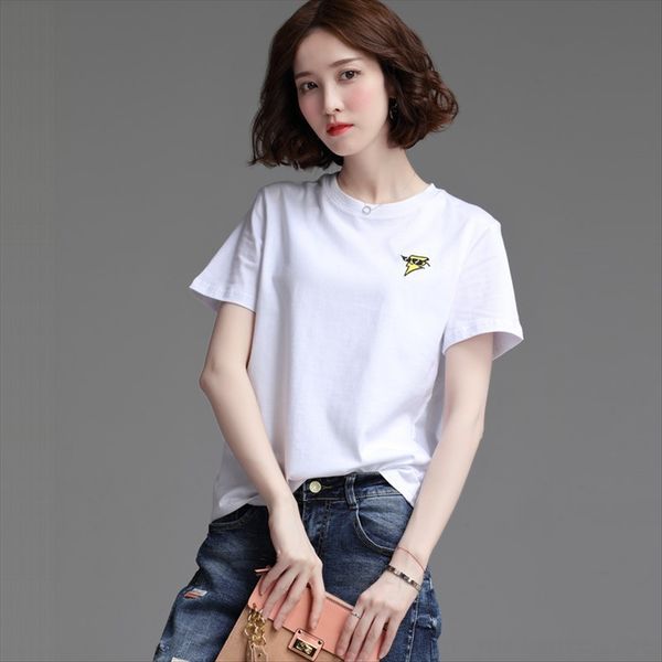 

cotton short-sleeved t- female loose ins western style round collar t-shirt embroidery versatile short-sleeved shirt female, White