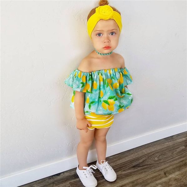 

toddler kids baby girls clothes off shoulder pullover lemon print short sleeve striped shorts 2pc cotton summer outfits, White