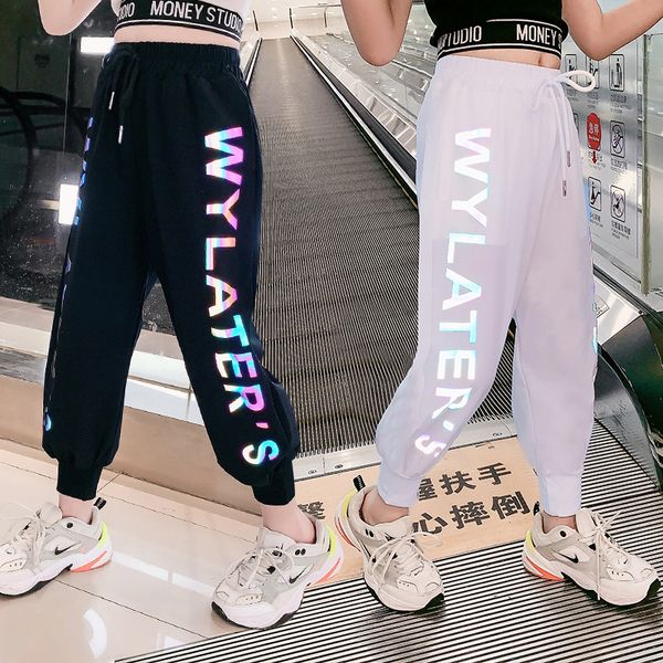

2020 summer girls pants reflective joggers girls harem pants track thin sweatpants letter printed trousers fashion girls clothes y200704, Blue