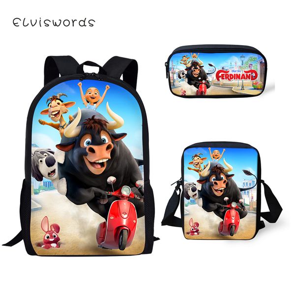 

elviswords fashion kids backpack 3pcs set ferdinand school book bags kawaii animal students backpack / messenger bags / pen