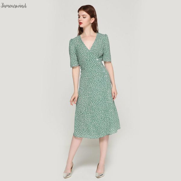 

урожай печати wrap цветочные платья v шеи bow tie пояса с коротким рукавом женский streetwear chic средние теленок платья vestidos qa030, Black;gray