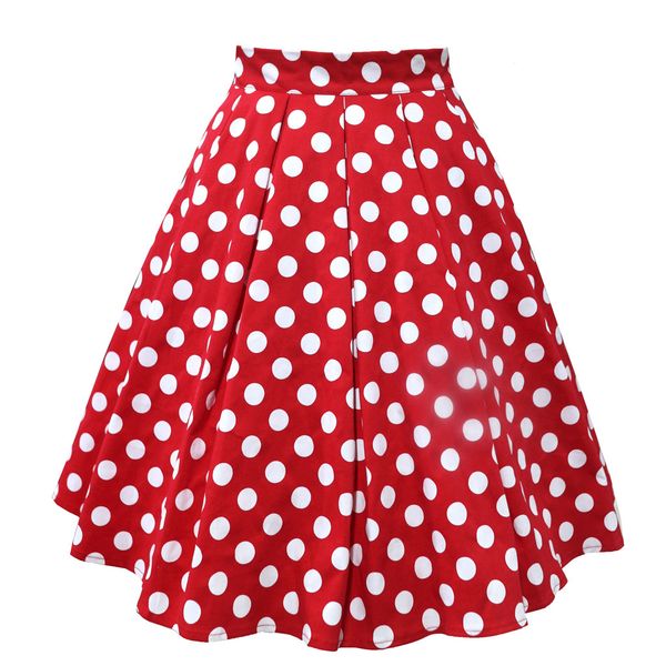 

summer women skirt fashion high waist plus size polka dot print skirts women vintage pleated skirts womens mid skirt #1125, Black