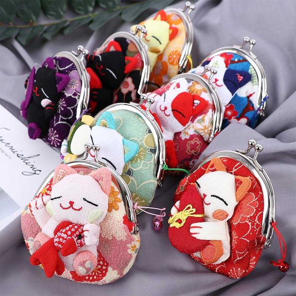 

1pc coin purse japanese style kawaii cartoon kimono lucky cat fabric wallet pouch for kids children card holder key money bags, Red;black