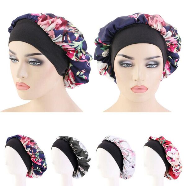 

floral satin bonnet for sleeping shower cap silk headwear hair care hat femme women night sleep cap head cover wide elastic band, Blue;gray