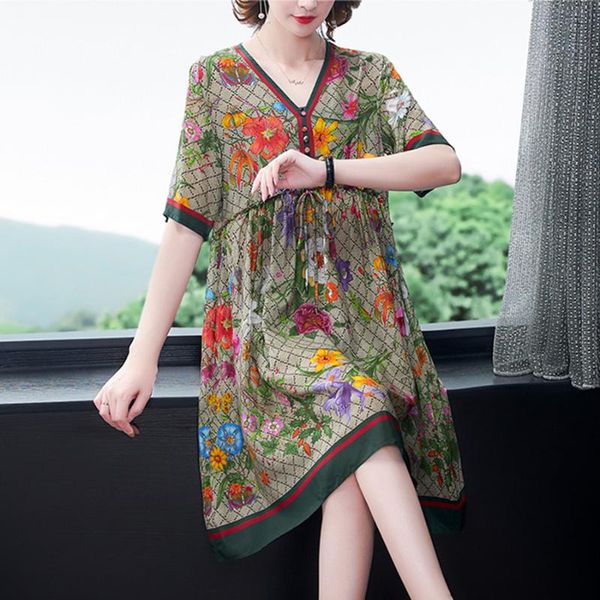 

2020 summer print mulberry silk dress fashion vintage 4xl plus size runway midi dress elegant women bodycon vestido, Black;gray