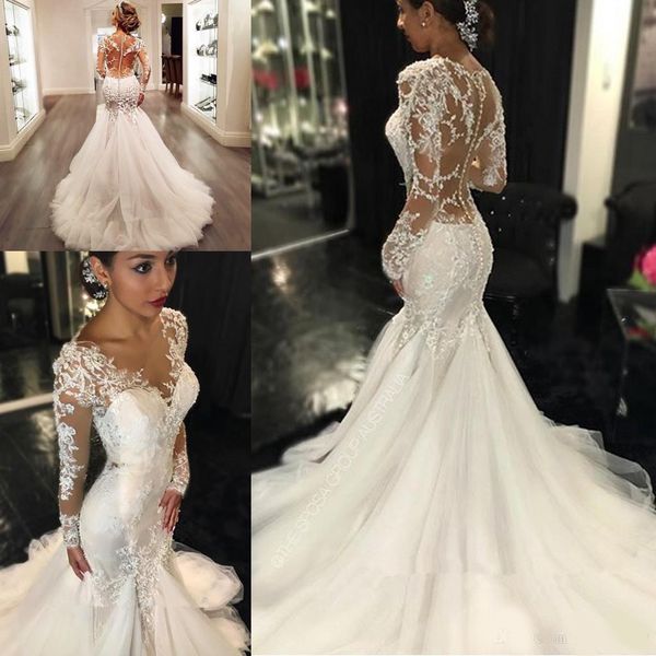 

berta country mermaid wedding dresses 2020 sheer long lace appliques sleeves trumpet see through back vintage vestidos de novia wedding gown, White