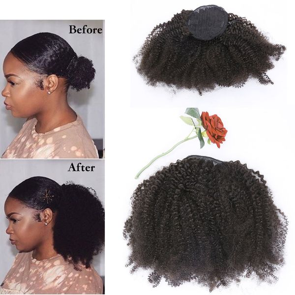 Cheveux bouclés queue de cheval afro-américain court afro crépus bouclés enveloppement cheveux humains cordon bouffée queue de cheval extensions de cheveux avec clips 120g mode