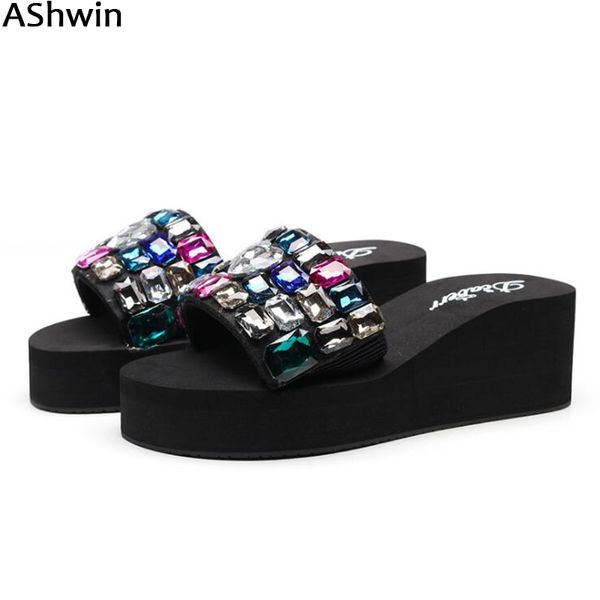 

ashwin 2019 summer rhinestones sandals wedge platform slipper slip on sandal lady glitter crystal shoes beach seaside slippers, Black