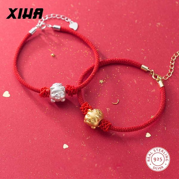 

lucky adjustable red thread string bracelet charms chinese zodiac animal pig 925 sterling silver braided rope layered bracelets, Black