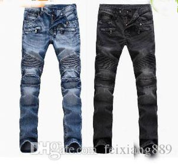 

размер 28-42 мужские проблемные рваные джинсы известный дизайнер моды прохладный тонкий мотоциклов байкер причинная denim брюки джинсы runwa, Blue