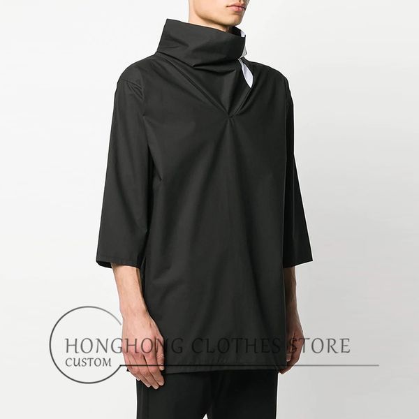 

original design of large size men's loose collar splicing medium sleeve thin shirt, White;black