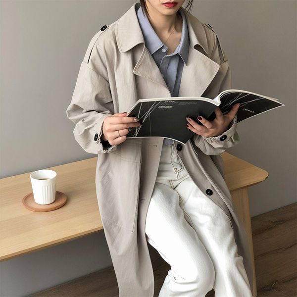 

2020 mid-length windbreaker casual full regular sleeve notched single breasted wide-waisted straight solid korean top, Tan;black