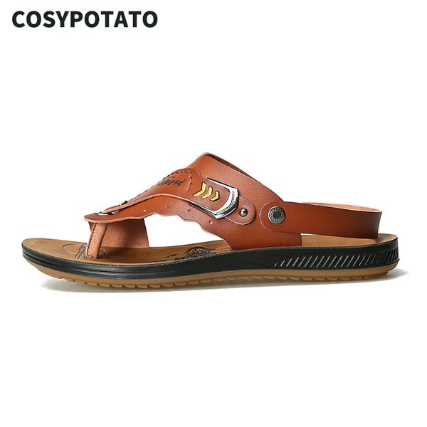 

new men summer shoes casual leather sandals adjustable belt beach flip flops outdoor mens slippers, Black