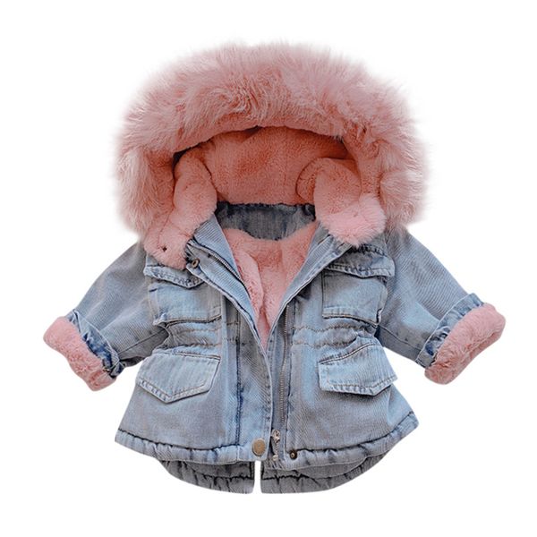 

denim jacket thick winter baby girl plus velvet faux fur fleece coat toddler girl outerwear 1-6 year kids infant warm parka, Blue;gray