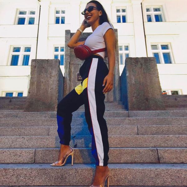

casual stitching contrast color beam pants high waist women harem pants trousers fashion streetwear comfortable trousers, Black;white