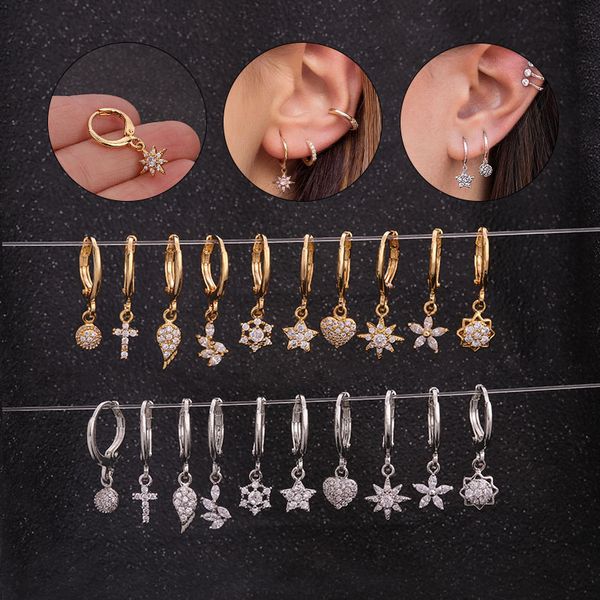 

1 pcs gold color mix design crystal hoops minimalist circle cross wing flower stars pendant earrings copper ear jewelry, Golden;silver