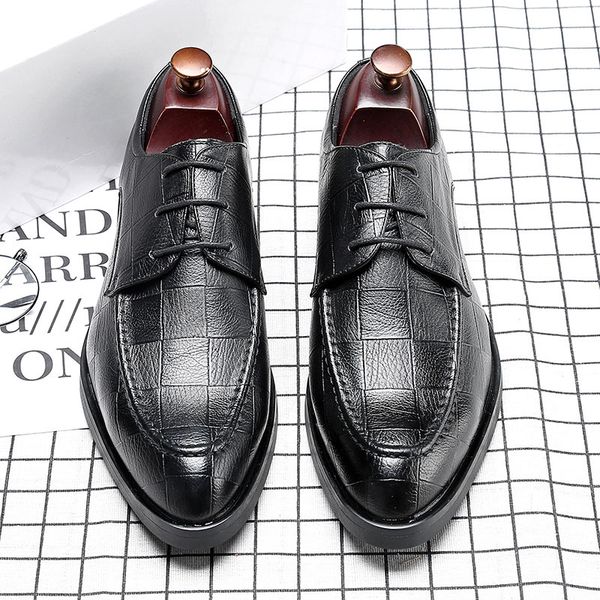 

new leather shoes pointed-toe lace-up korean version of the trend of business dress casual leather shoes british-style leather shoes, Black