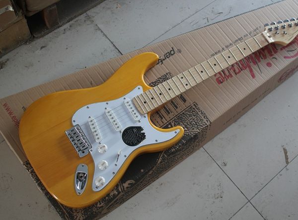 

yellow body electric guitar with 3 single pickups,white pickguard,maple fretboard,offer customized