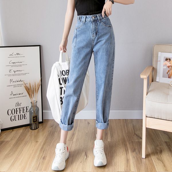 

2019 korean style women loose denim pants high waist jeans woman casual vintage jeans boyfriend mom light blue streetwear