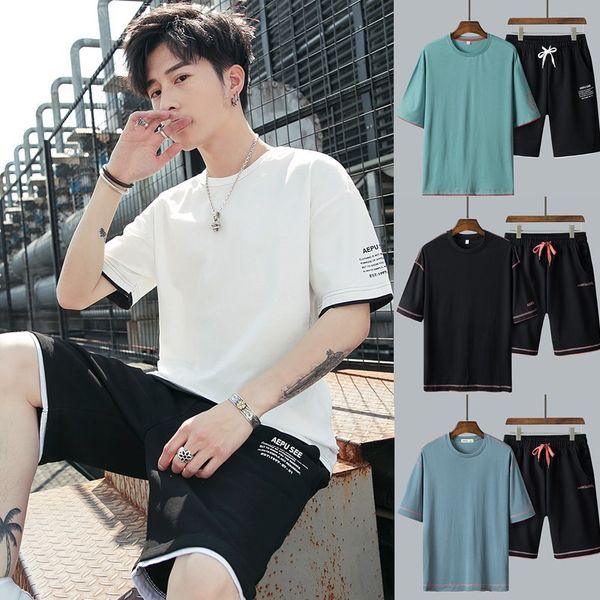 

2020 short-sleeved suit summer men's korean loose round neck t-shirt five-point shorts men's sports casual suit asian size 14 colo, Gray