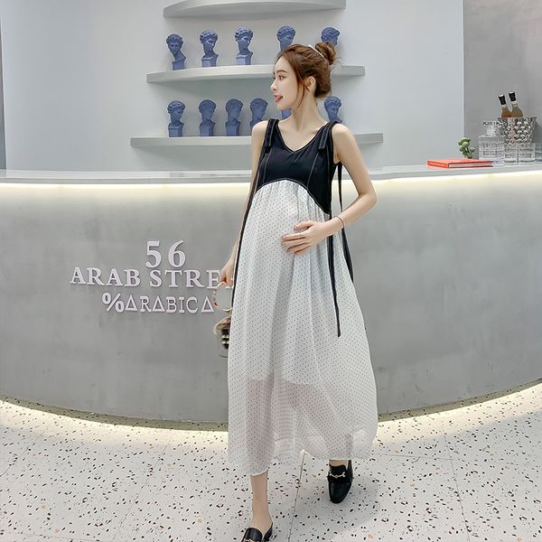 

strap lacing sleeveless maternity summer dress high waist pregnant women polka dot chiffon dress long loose backless beach, White