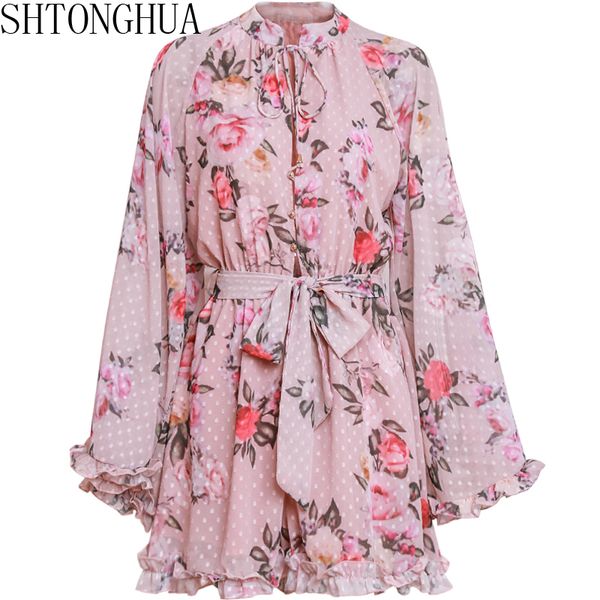 

shtonghua 2019 bohemian jacquard dot floral print chiffon jumpsuit wood ears ruffles flare long sleeve bow wish waist, Black;white