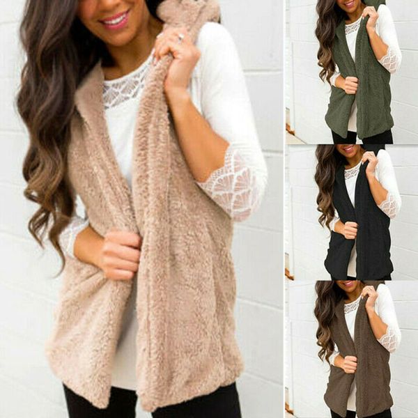 

women`s faux fur vest waistcoat jacket coat ladies casual winter warm solid color sleeveless outwear, Black;white
