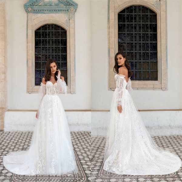 

boho a-line bridal dresses sweetheart long sleeve full appliqued lace wedding dress backless sweep train custom made vestidos de novia, White