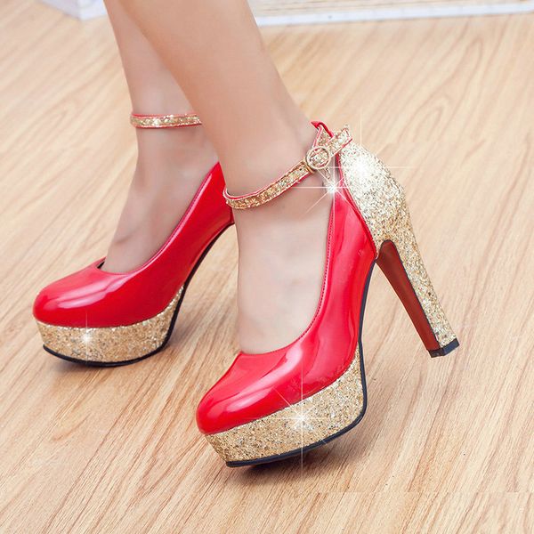 

red black white gold silver block high heels women platform pumps party wedding bride ladies shoes sequin chunky heels sggx