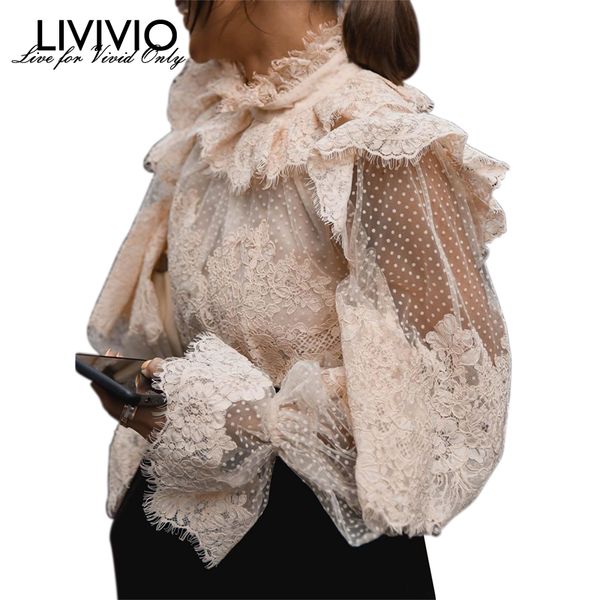 

livivio] lace floral polka dot ruffled lantern long sleeve stand neck sheer blouse women shirt vintage 2019 autumn new fashion, White