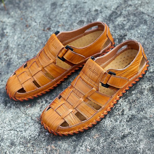 

new summer business casual men's sandals men leather splice shoes outdoor male hand stitching wrapped toe beach sandal men may29, Black