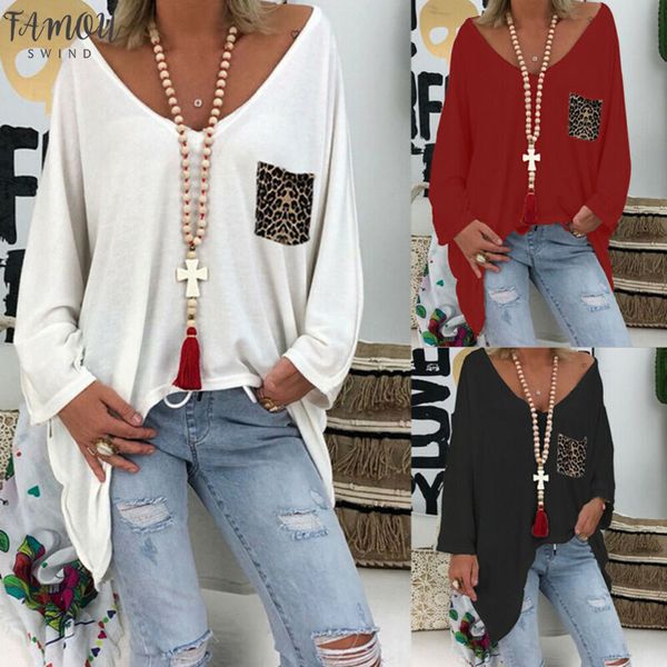 

plus size summer 2020 women streetwear casual loose leopard pocket crew neck batwing long sleeves plain baggy casual tunic, White
