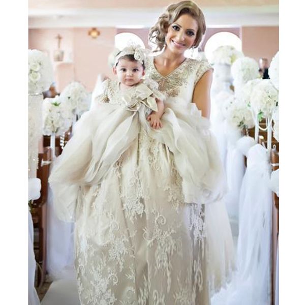 

new lace overskirt christening dresses for baby girl with half sleeves baptism gown kid first communication dress, White