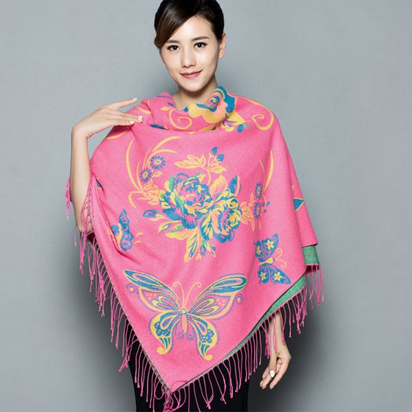 

national pink autumn winter lady cashmere scarf tassel gift to friend large size warm thick animal pattern shawl