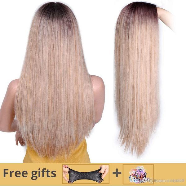 

я парик длинный прямой синтетический парик смешанные коричневые и светлые длинные парики для белых / чернокожих женщин средняя часть парики, Black