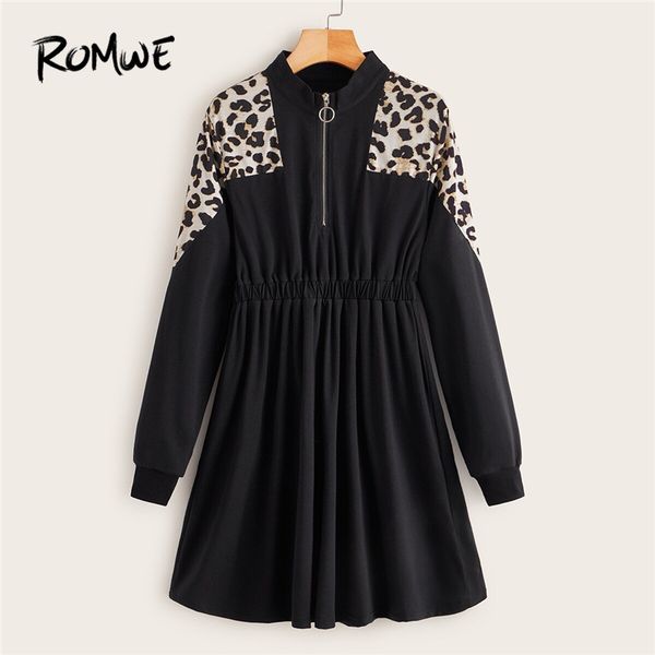 

romwe half zip contrast леопардовый толстовка платье женщины повседневная стенд воротник длинные толстовка эластичный пояс падения черное пл, Black