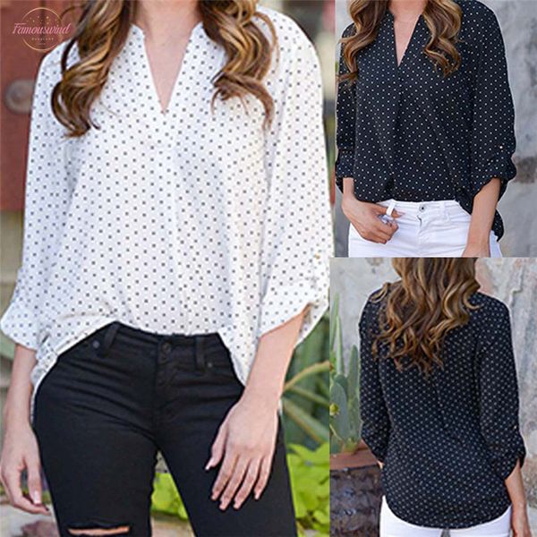 

блузка женщины 2020 лето sexy v образным вырезом женская блузка повседневная горошек печати полный рукав топы корейские женские блузки, White